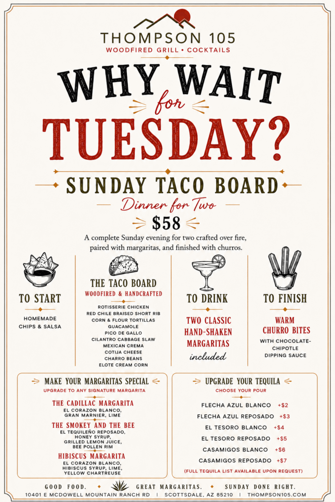 A special menu flyer for Thompson 105 titled "Why Wait for Tuesday? Sunday Taco Board Dinner for Two $58." It details a multi-course dinner including chips and salsa, a woodfired taco board, two margaritas, churros, and premium tequila upgrade options.